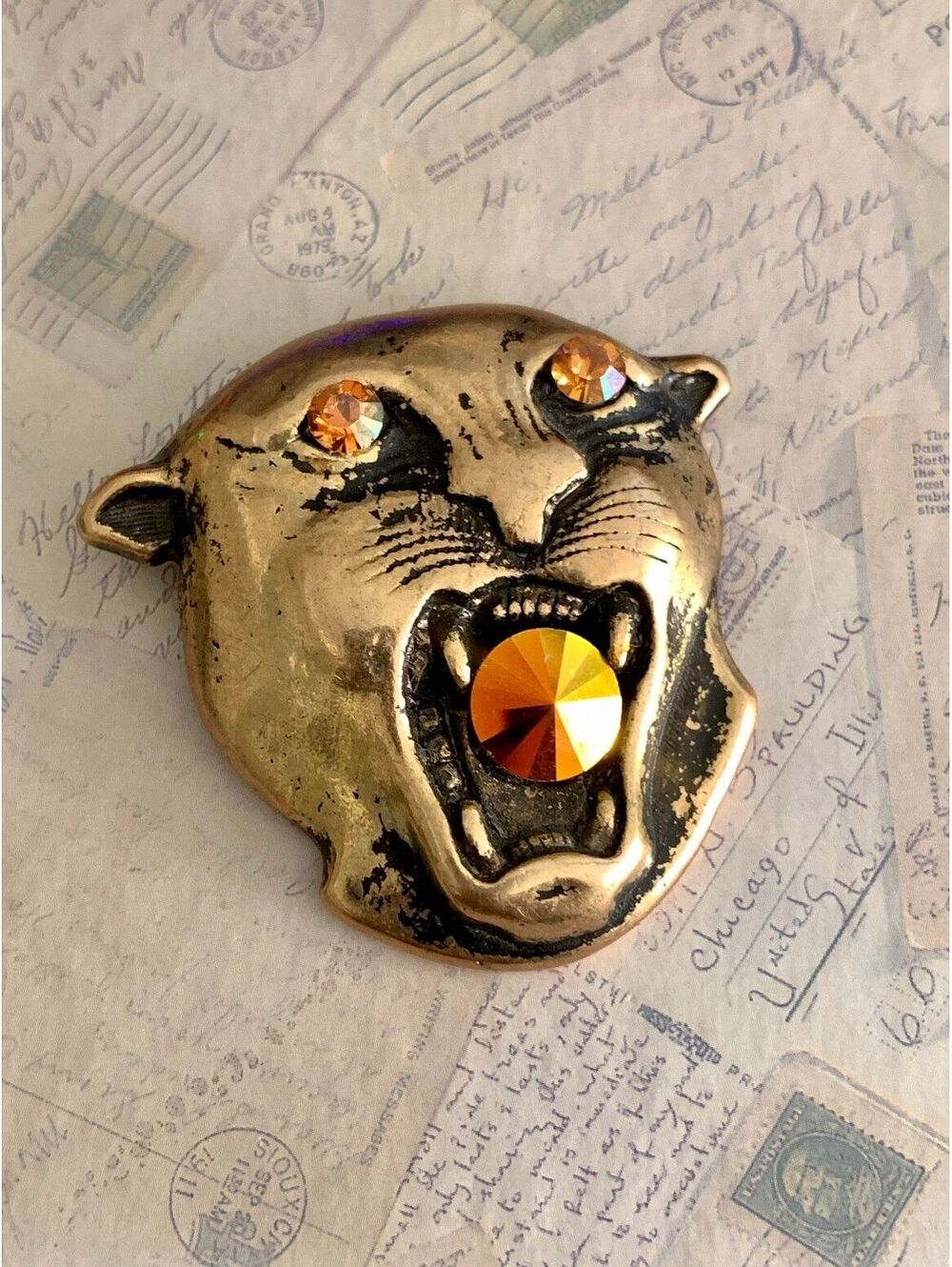 Handmade Magnet Brooch with Swarovski Crystals Roaring Panther Face Brooch